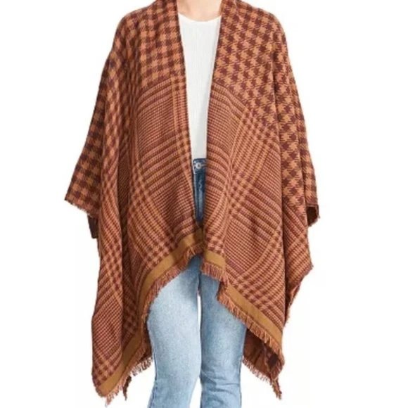 Steve Madden Multi-Plaid Ruana Brown Tan Olive Poncho Shawl One Size - Picture 5 of 11
